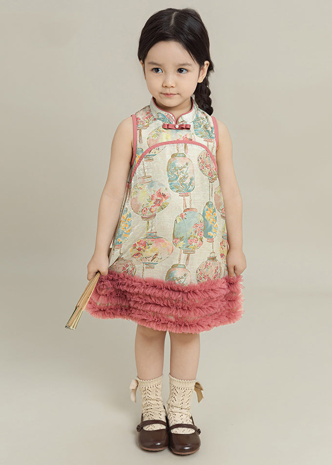 Pink Print Tulle Patchwork Mid Dress Summer