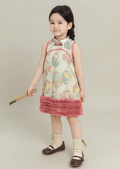 Pink Print Tulle Patchwork Mid Dress Summer