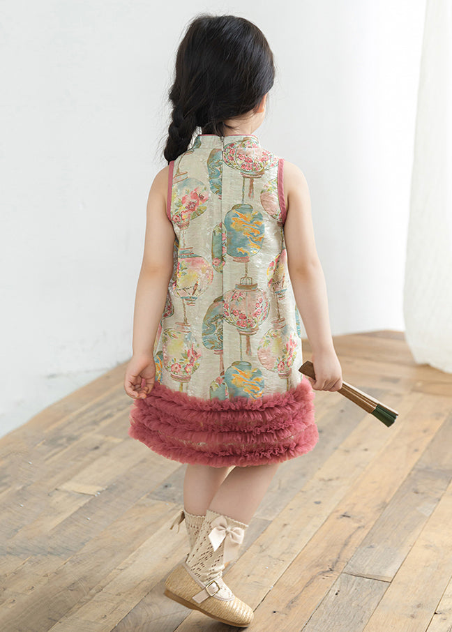 Pink Print Tulle Patchwork Mid Dress Summer