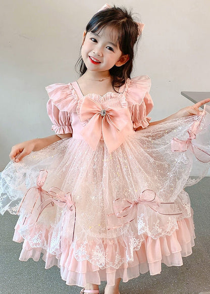 Pink Ruffled Bow Patchwork Tulle Baby Princess Dress Summer