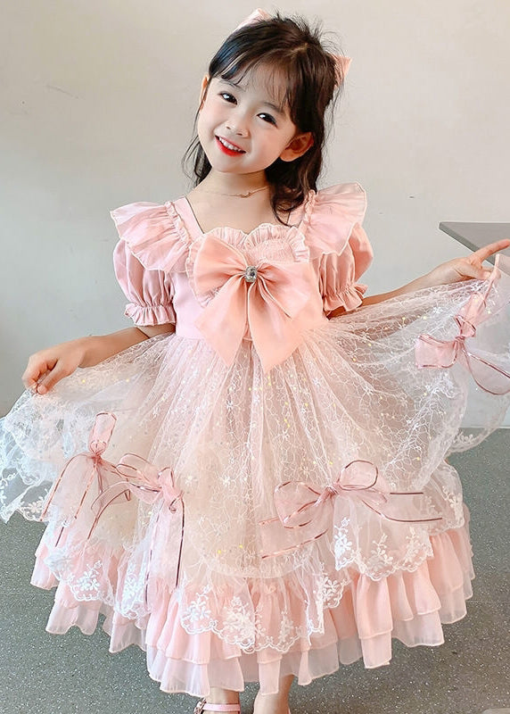 Pink Ruffled Bow Patchwork Tulle Baby Princess Dress Summer