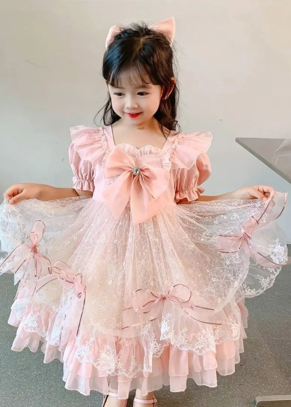 Pink Ruffled Bow Patchwork Tulle Baby Princess Dress Summer