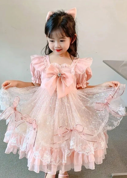 Pink Ruffled Bow Patchwork Tulle Baby Princess Dress Summer