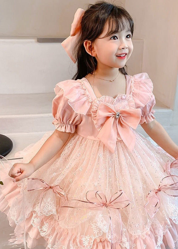 Pink Ruffled Bow Patchwork Tulle Baby Princess Dress Summer