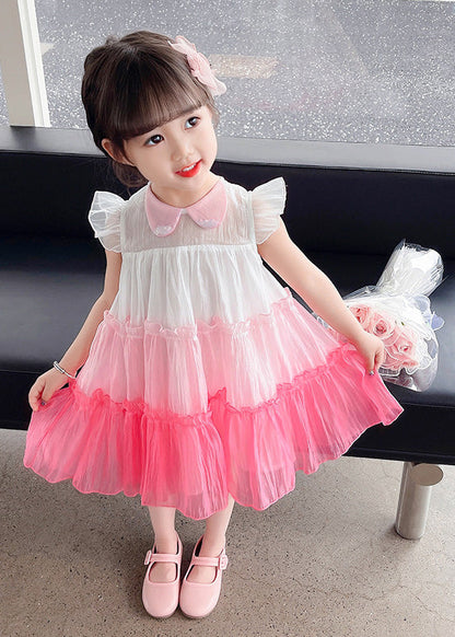 Pink Ruffled Patchwork Tulle Kids Layered Maxi Dresses Sleeveless