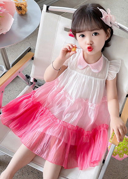 Pink Ruffled Patchwork Tulle Kids Layered Maxi Dresses Sleeveless