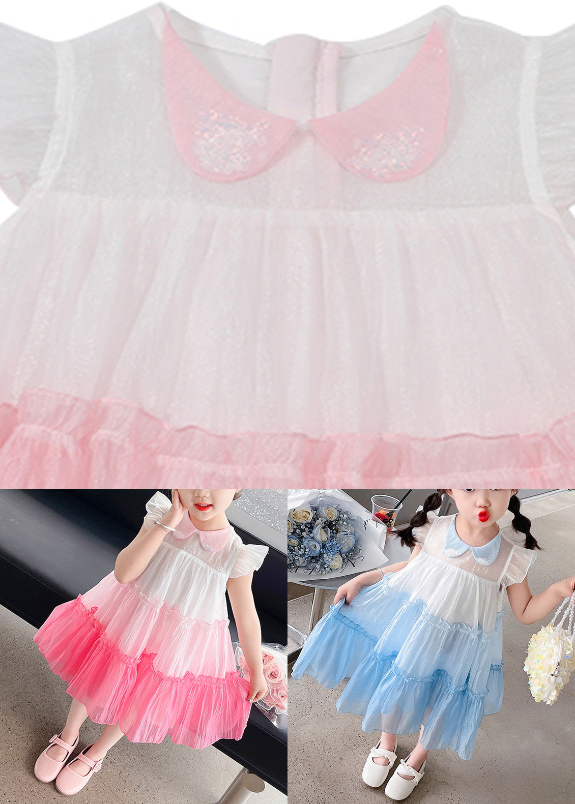 Pink Ruffled Patchwork Tulle Kids Layered Maxi Dresses Sleeveless