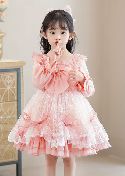 Pink Square Collar Bow Patchwork Tulle Kids Mid Dresses Long Sleeve
