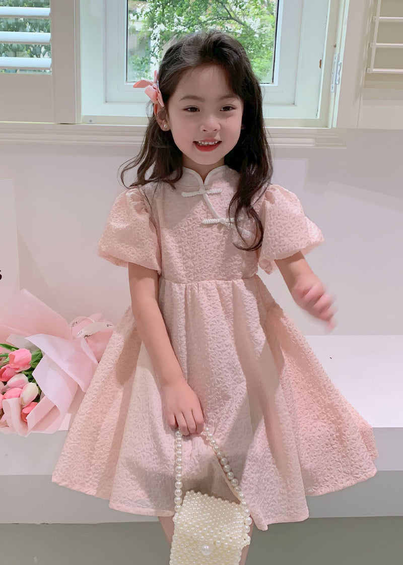 Pink Stand Collar Button Patchwork Cotton Kids Dresses Summer