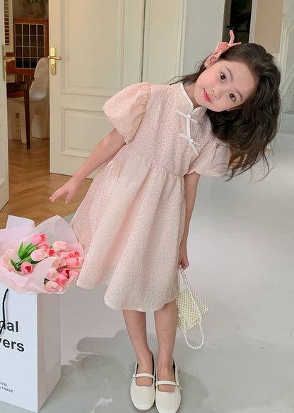 Pink Stand Collar Button Patchwork Cotton Kids Dresses Summer