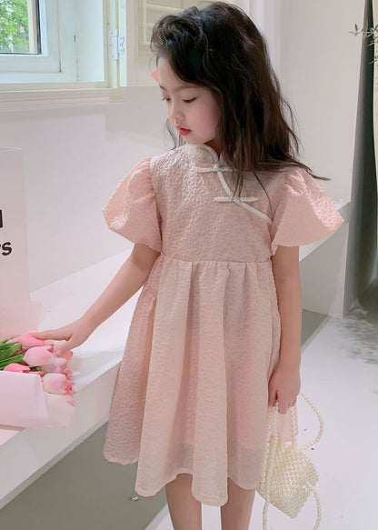 Pink Stand Collar Button Patchwork Cotton Kids Dresses Summer