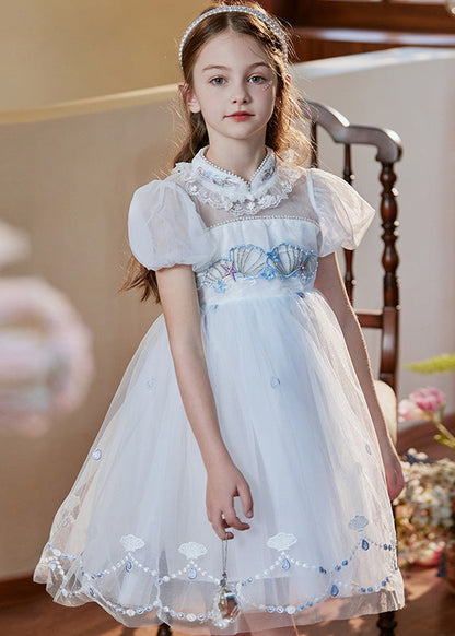 Pink Stand Collar Embroideried Lace Patchwork Tulle Baby Mid Dress Short Sleeve