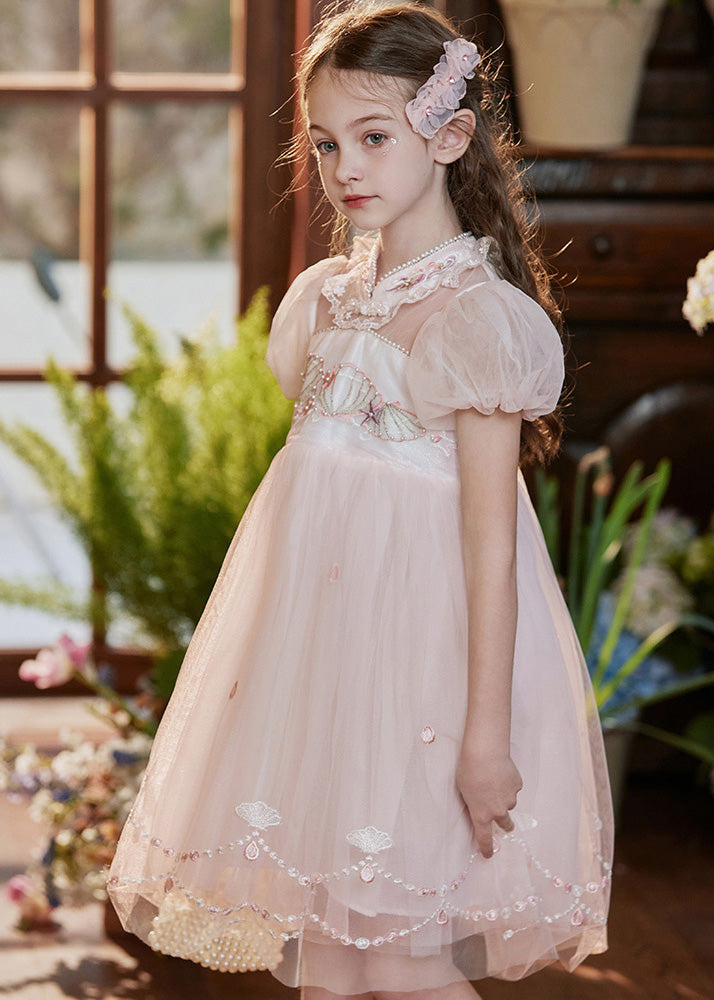 Pink Stand Collar Embroideried Lace Patchwork Tulle Baby Mid Dress Short Sleeve