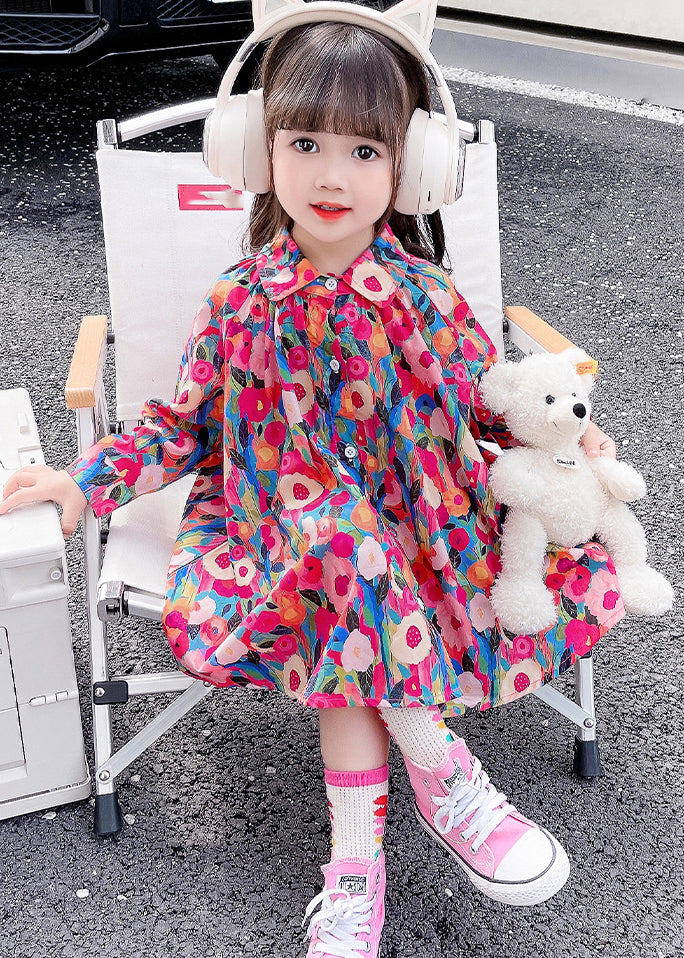 Rainbow Peter Pan Collar Print Kids Mid Dress Fall
