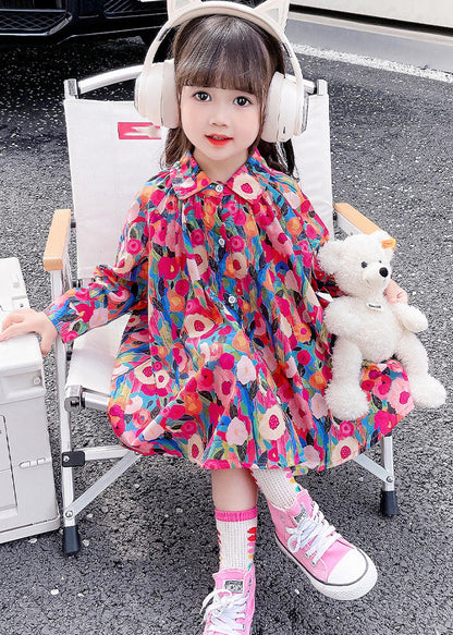 Rainbow Peter Pan Collar Print Kids Mid Dress Fall