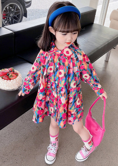 Rainbow Peter Pan Collar Print Kids Mid Dress Fall