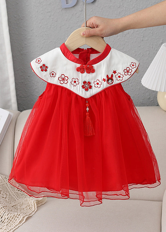 Red Stand Collar Embroideried Tassel Patchwork Button Tulle Baby Long Dresses Summer