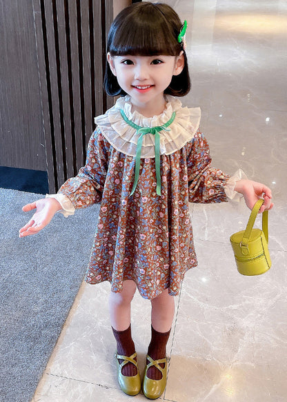 Ruffled Print Cotton Mid Dress Long Sleeve