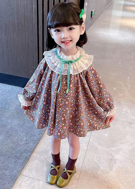 Ruffled Print Cotton Mid Dress Long Sleeve