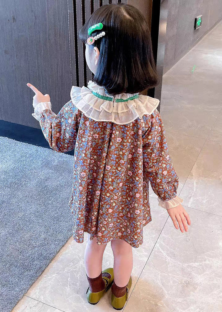Ruffled Print Cotton Mid Dress Long Sleeve