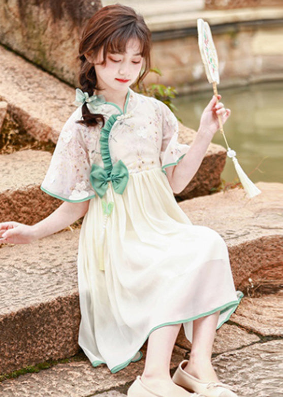 Stand Collar Ruffled Patchwork Bow Tulle Kids Long Dress Short Sleeve