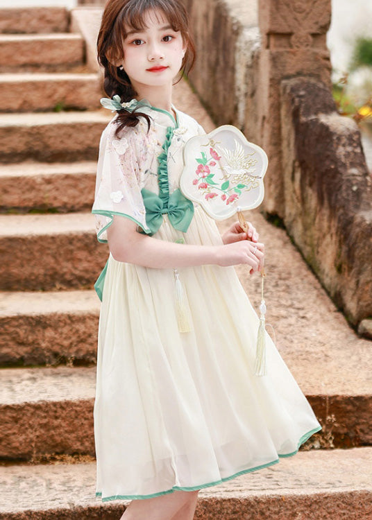 Stand Collar Ruffled Patchwork Bow Tulle Kids Long Dress Short Sleeve