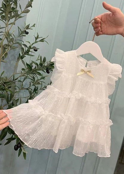 White Ruffled Patchwork Chiffon Kids Long Dresses Summer
