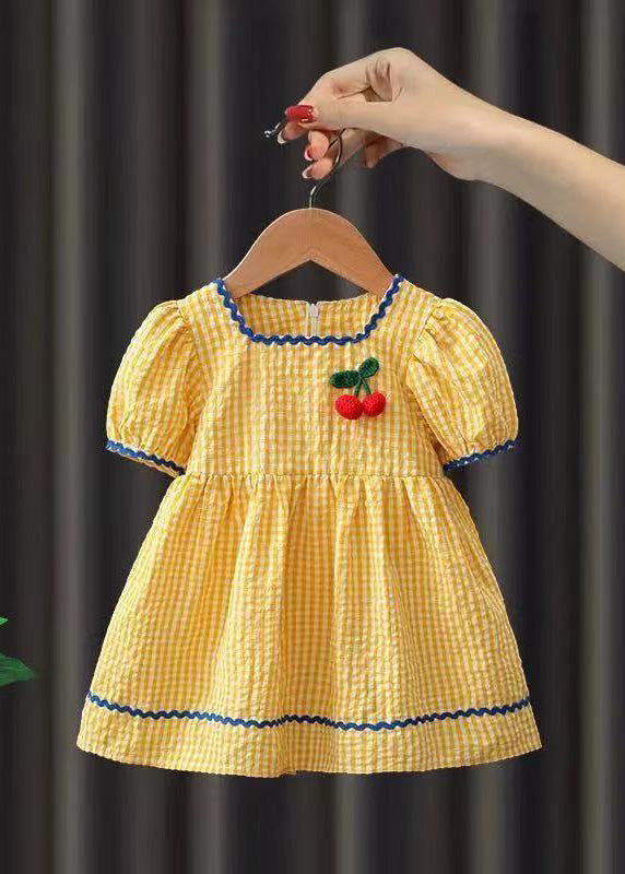 Yellow Plaid Patchwork Cotton Baby Maxi Dress Short Sleeve