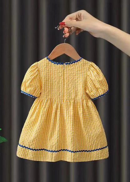 Yellow Plaid Patchwork Cotton Baby Maxi Dress Short Sleeve
