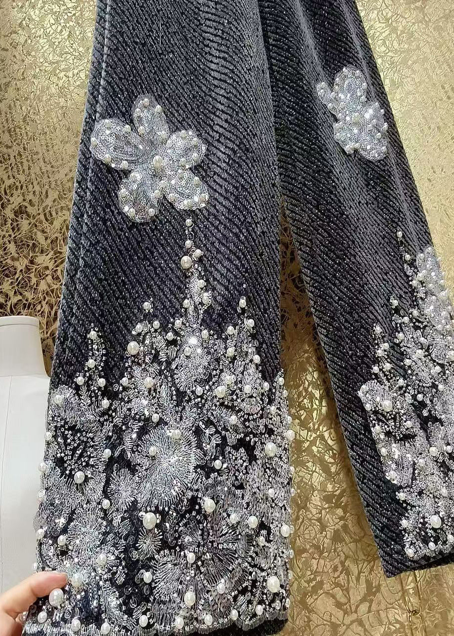 Sequin Flower Bead Embroidery Woolen Straight Leg Pants Winter