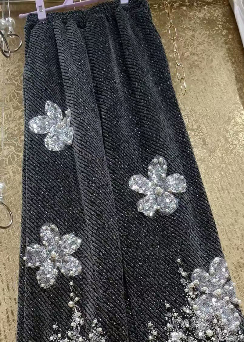 Sequin Flower Bead Embroidery Woolen Straight Leg Pants Winter
