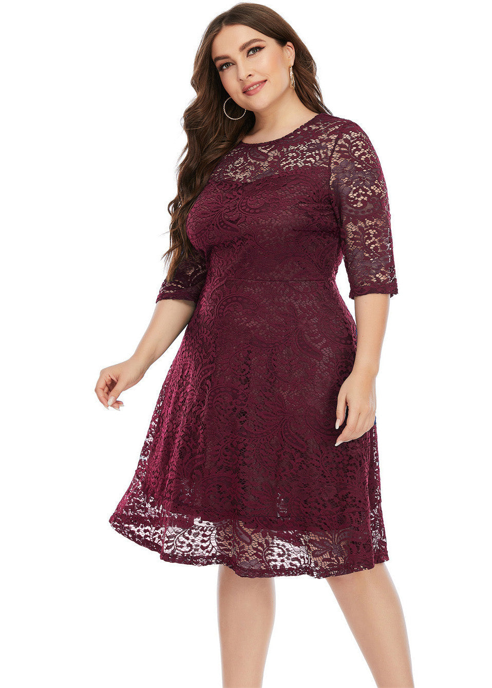 Maroon O-neck Lace Mid Dress Half Sleeve