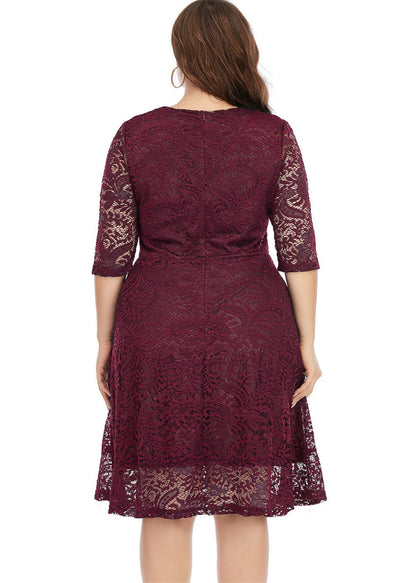 Maroon O-neck Lace Mid Dress Half Sleeve