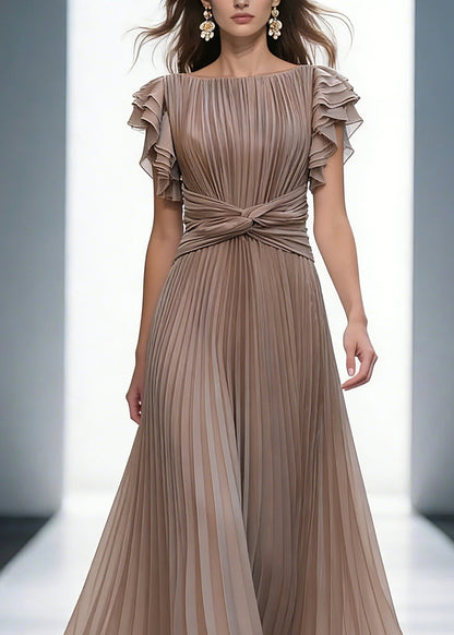 Mocha Queen Pleated Ruffle Sleeve Cross Waist Maxi Dress