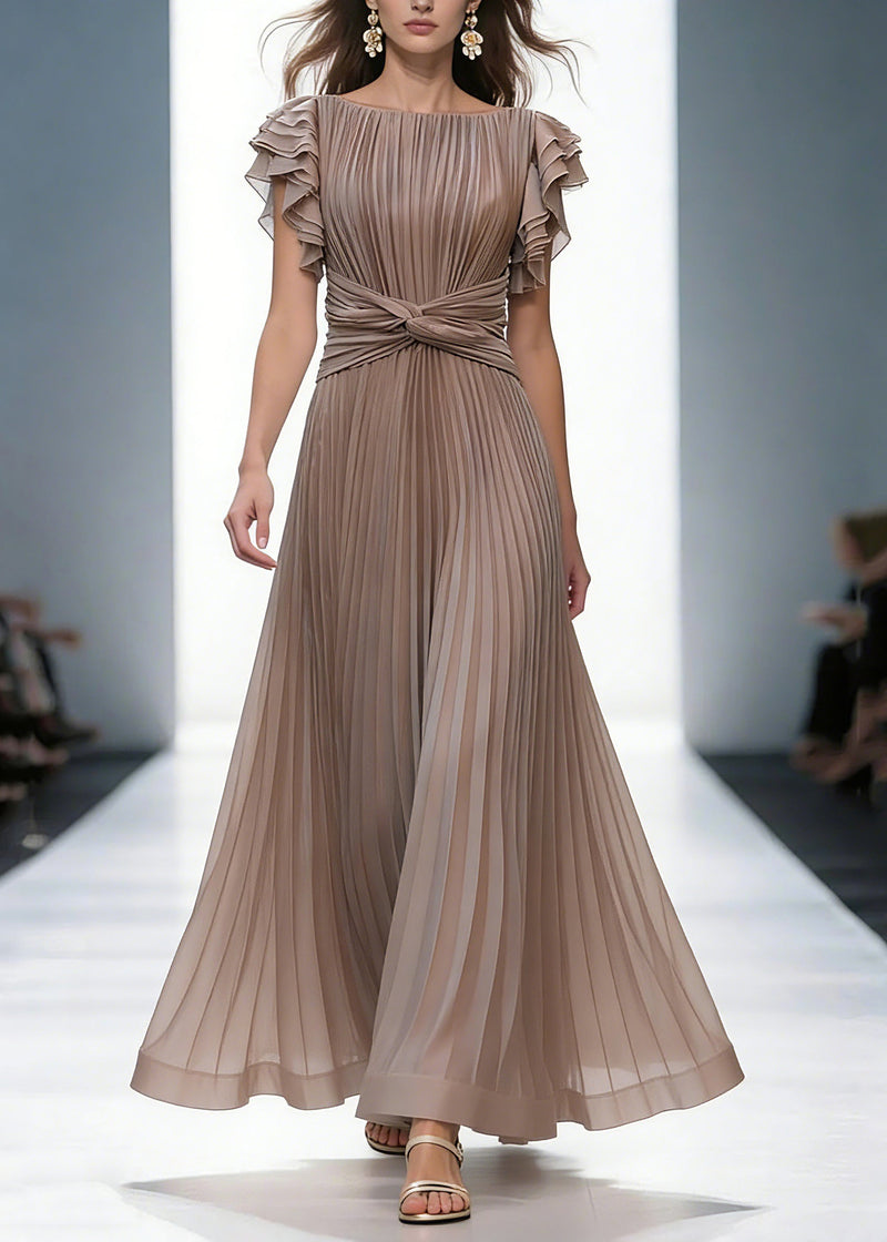 Mocha Queen Pleated Ruffle Sleeve Cross Waist Maxi Dress