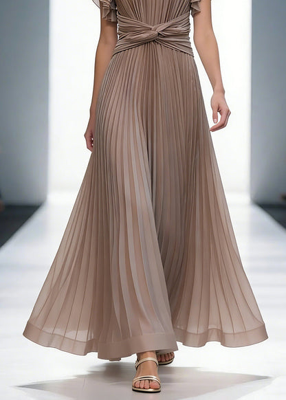 Mocha Queen Pleated Ruffle Sleeve Cross Waist Maxi Dress