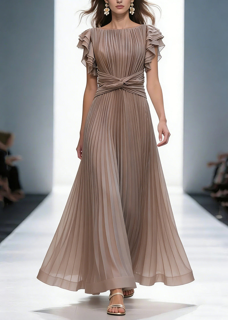 Mocha Queen Pleated Ruffle Sleeve Cross Waist Maxi Dress
