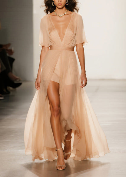 Modern Apricot Exra Large Hem Sheer Tulle Vestidos Dress Summer