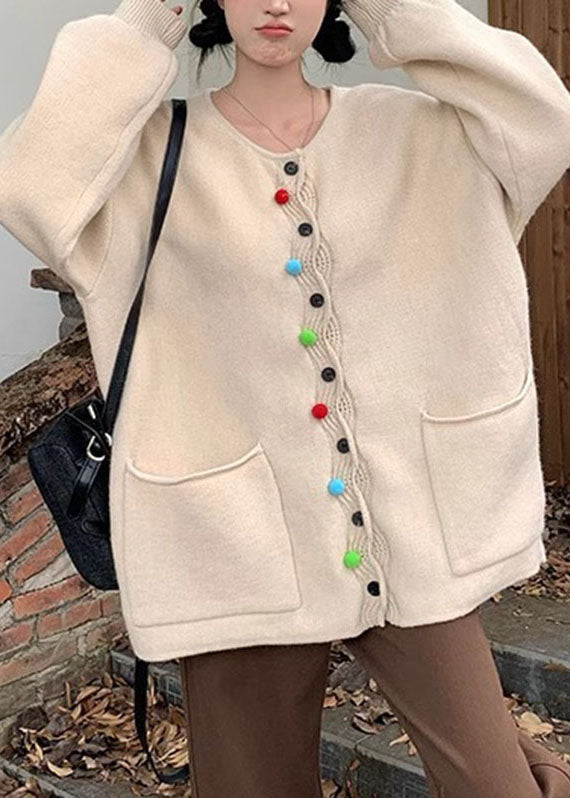 Modern Apricot O-neck Pockets Button Cotton Knit Sweater Coats Fall
