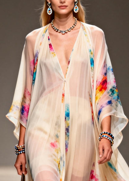 Modern Apricot V Neck Print Chiffon Holiday Dress Summer