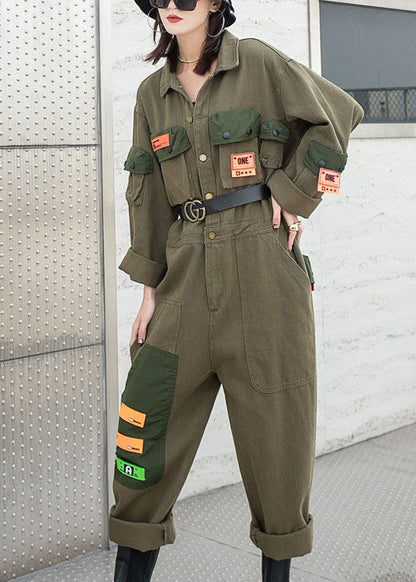 Modern Army Green Peter Pan Collar Pockets Button Fall Denim Top Long Sleeve