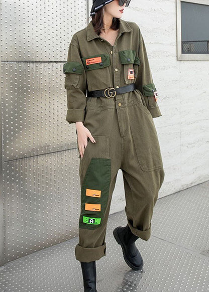 Modern Army Green Peter Pan Collar Pockets Button Fall Denim Top Long Sleeve