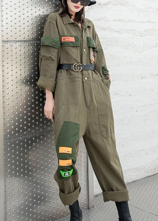 Modern Army Green Peter Pan Collar Pockets Button Fall Denim Top Long Sleeve