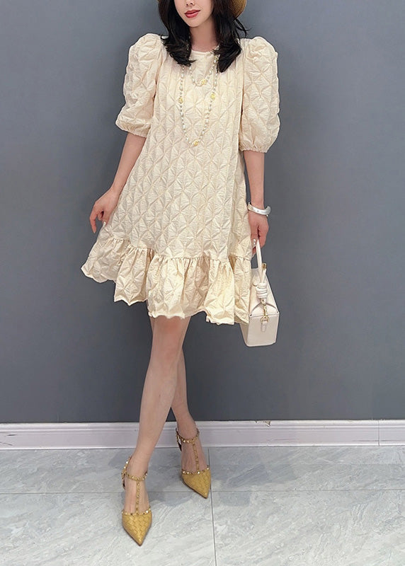 Modern Beige O-neck Plaid Mid Dress Summer