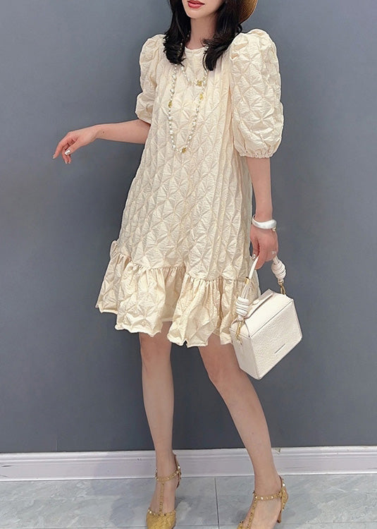 Modern Beige O-neck Plaid Mid Dress Summer