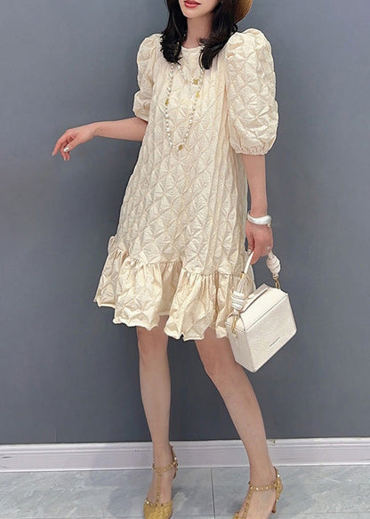 Modern Beige O-neck Plaid Mid Dress Summer