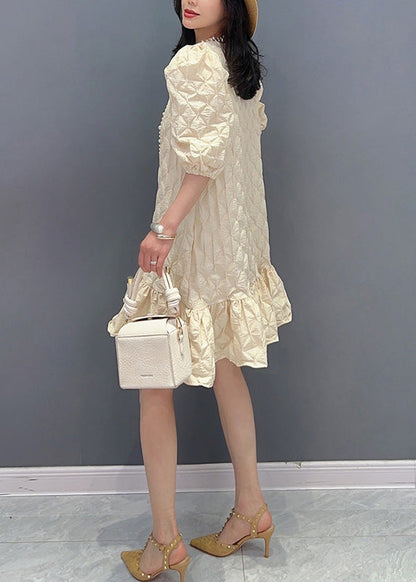 Modern Beige O-neck Plaid Mid Dress Summer