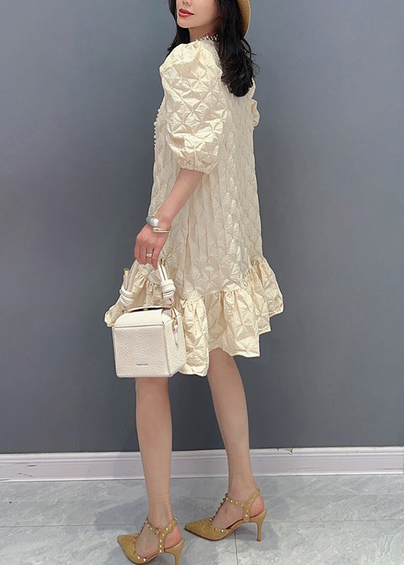 Modern Beige O-neck Plaid Mid Dress Summer