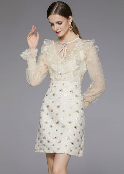 Modern Beige O-neck Ruffles Patchwork Tulle Woolen Mid Dress Fall