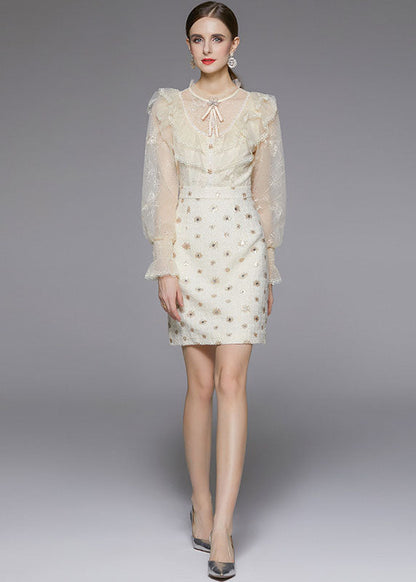 Modern Beige O-neck Ruffles Patchwork Tulle Woolen Mid Dress Fall